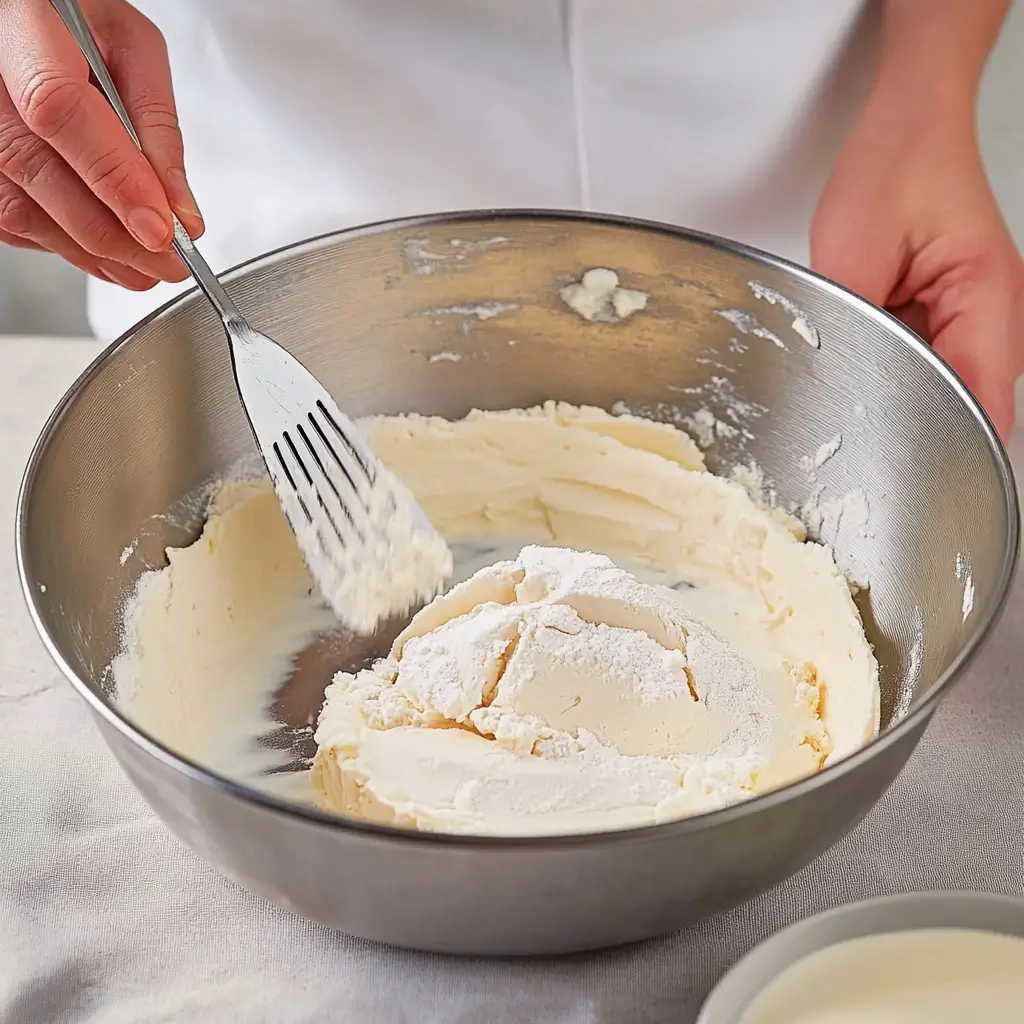Eine Schüssel mit Frischkäse und Mehl, die mit einer Gabel vermischt werden – das Geheimnis einer perfekten Cheesecake-Füllung.