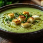 Brokkolisuppe mit frischen Kräutern und Croutons