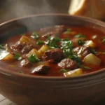 Deftige Gulaschsuppe mit Fleisch und Paprika in einem rustikalen Teller.