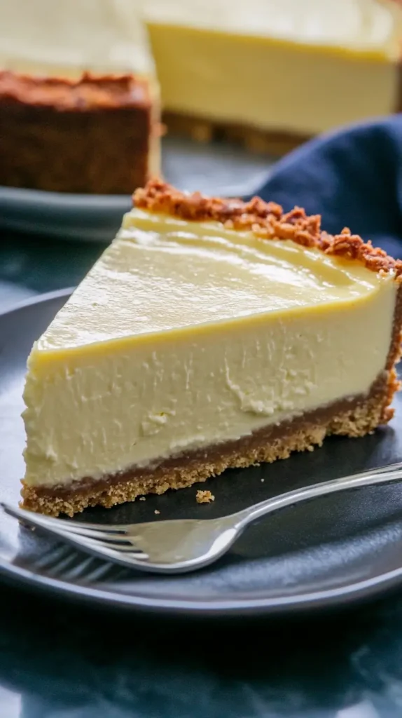 Ein runder, goldener Cheesecake mit knusprigem Boden, dekoriert mit Schokolade und Sahne, auf einem Holzbrett serviert.