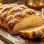 Frisch gebackener, goldbrauner Hefezopf auf einem Holzbrett