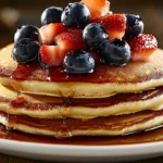 Fluffige amerikanische Pancakes, gestapelt und mit Ahornsirup übergossen, garniert mit frischen Erdbeeren und Blaubeeren.