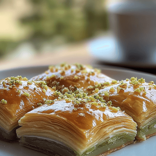 Frisches, goldbraunes Baklava mit knusprigen Teigschichten, getränkt in Sirup und bestreut mit gehackten Pistazien. Serviert auf einem weißen Teller mit einer Tasse Tee im Hintergrund.