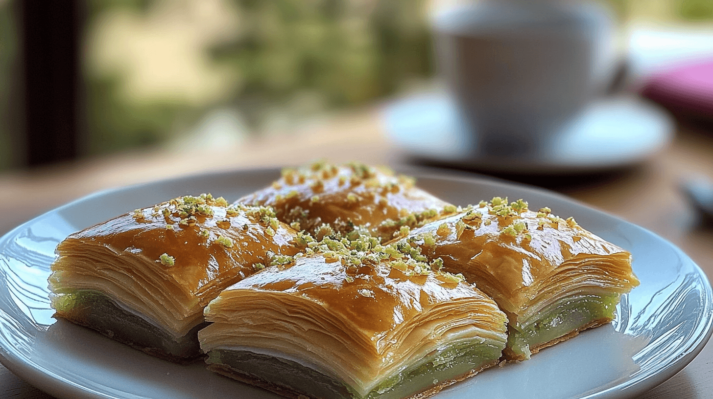 Frisches, goldbraunes Baklava mit knusprigen Teigschichten, getränkt in Sirup und bestreut mit gehackten Pistazien. Serviert auf einem weißen Teller mit einer Tasse Tee im Hintergrund.