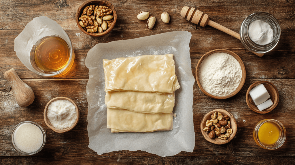 Hochwertige Zutaten für traditionelles Baklava: frischer Filoteig, Walnüsse, Pistazien, Zucker, Mehl, Butter, Honig und Zimt – stilvoll auf einem rustikalen Holztisch arrangiert.