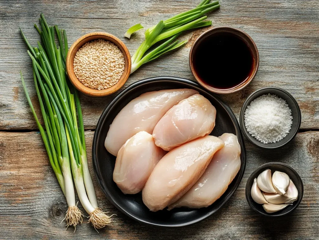 Zutaten für Teriyaki Hähnchen, inklusive Hähnchenbrust, Sojasauce und Frühlingszwiebeln
