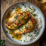 Honig-Senf-Hähnchen mit Reis auf einem Teller serviert.