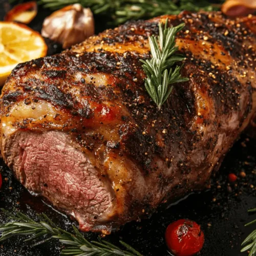 Lammkeule mit knuspriger Kruste und frischen Kräutern serviert