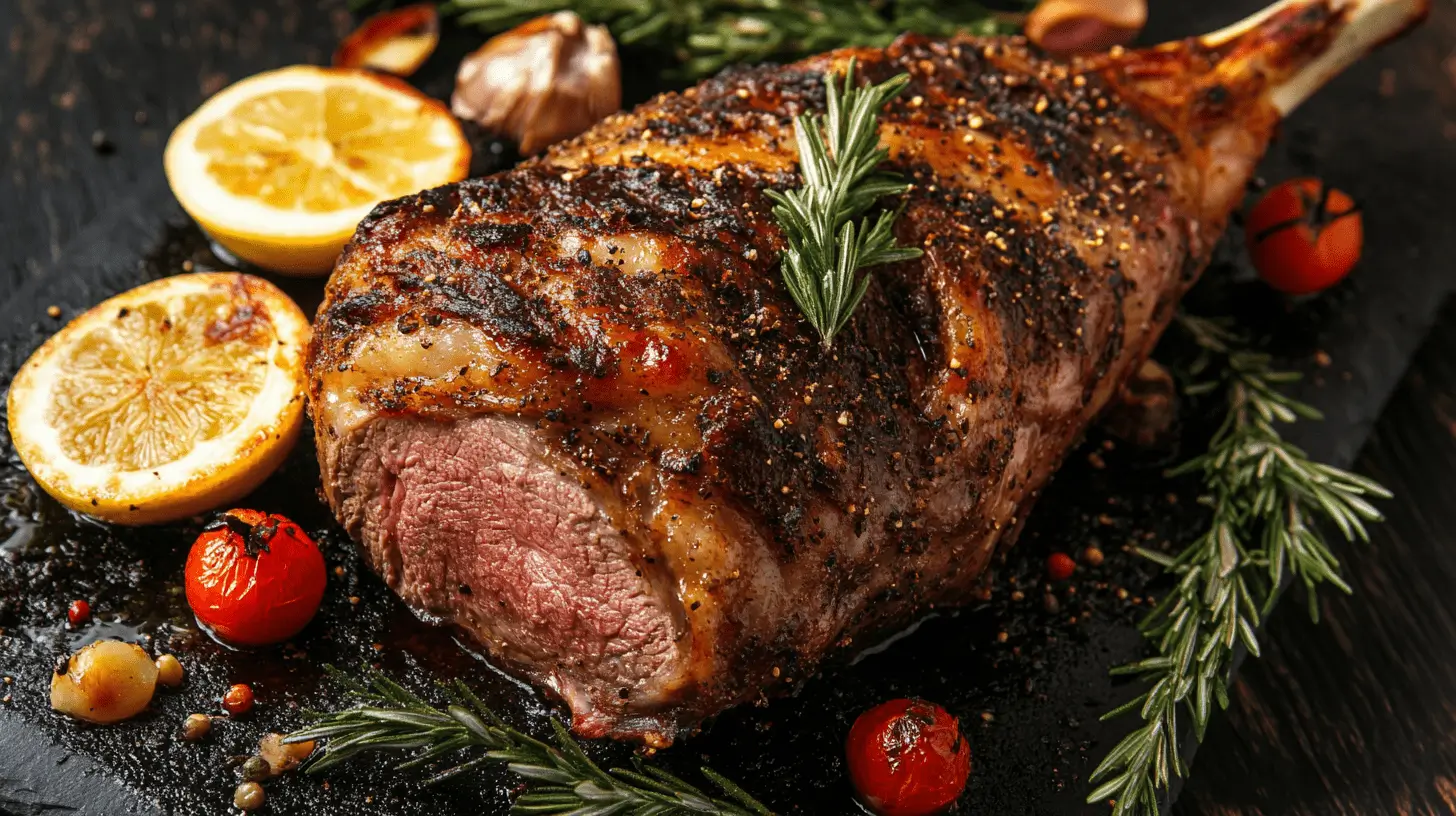 Lammkeule mit knuspriger Kruste und frischen Kräutern serviert