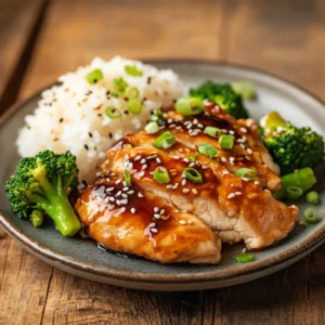 Teriyaki Hähnchen mit glänzender Sauce, serviert mit Reis und Brokkoli
