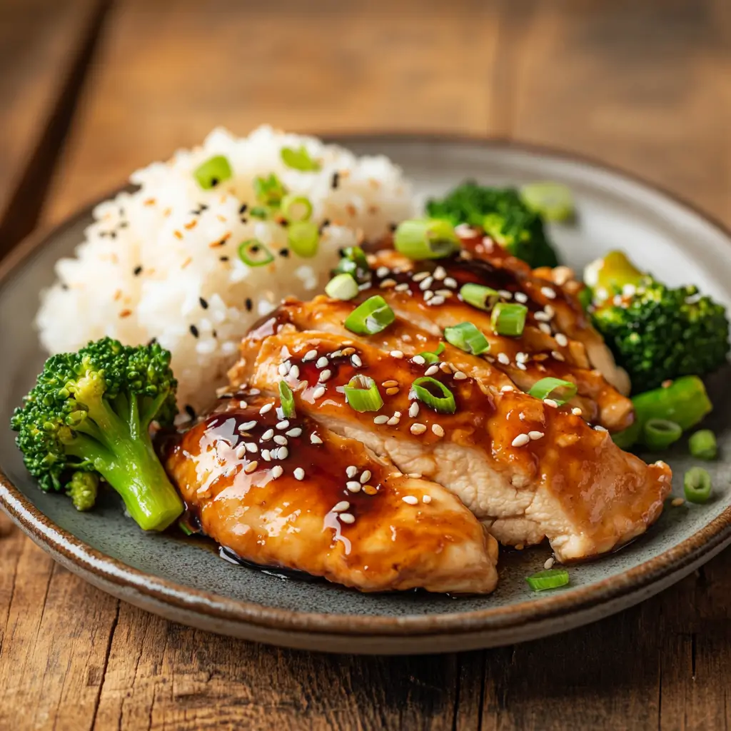 Teriyaki Hähnchen mit glänzender Sauce, serviert mit Reis und Brokkoli