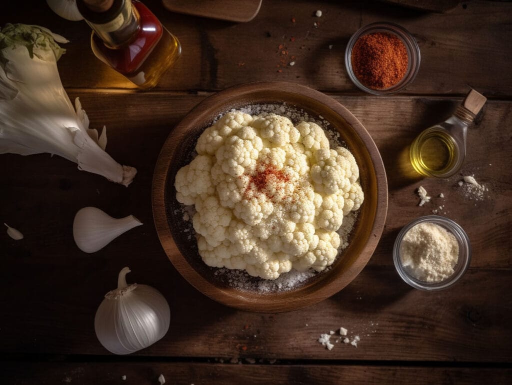 Frische Blumenkohlröschen mit Gewürzen und Olivenöl auf einem rustikalen Holztisch, overhead aufgenommen