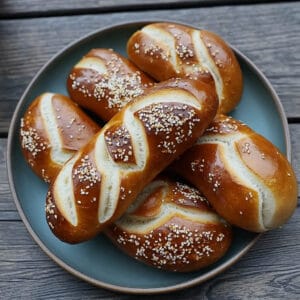 Frisch gebackenes Laugengebäck auf einem grauen Teller – Brezeln, Stangen und Brötchen mit Salz bestreut