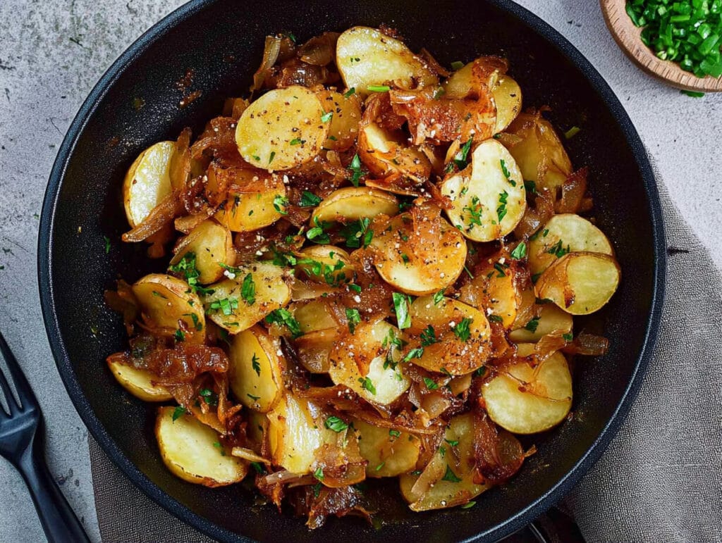 Knusprige Bratkartoffeln mit goldbraunen Zwiebeln in einer Pfanne serviert – ein klassisches Kartoffelgericht mit wenigen Zutaten.