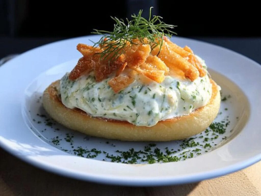 Ofenkartoffel mit Kräuterquark und frischem Dill auf einem weißen Teller – ein einfaches Kartoffelgericht mit wenigen Zutaten.
