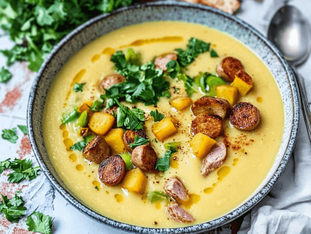 Cremige Kartoffelsuppe mit frischen Kräutern in einer Schale serviert – einfaches Rezept mit nur 5 Zutaten.